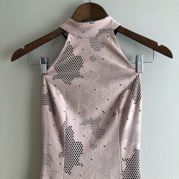 Mystic Vintage Mesh High Neck Fitted Bodycon Open Back Sleeveless Mini Dress Tan - Picture 3 of 14